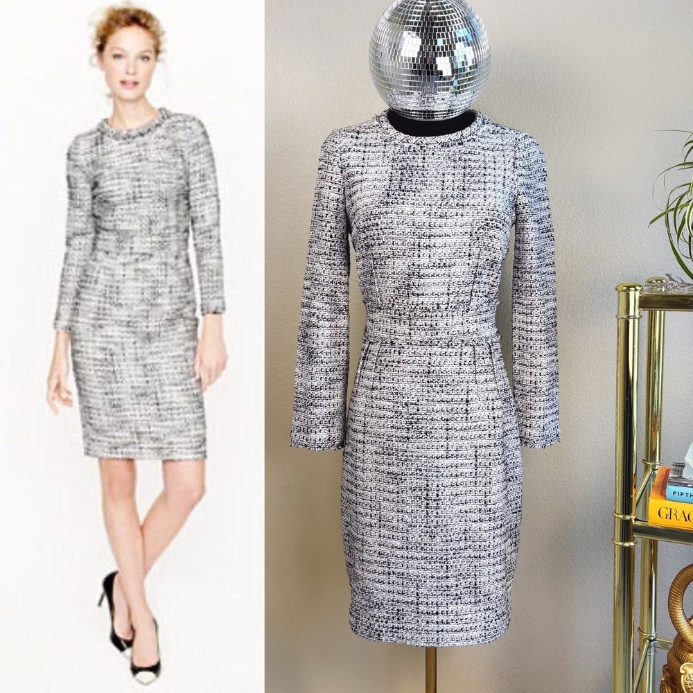 J Crew Tweed Sheath Dress, Size 0, Black, White, Long Sleeve‎